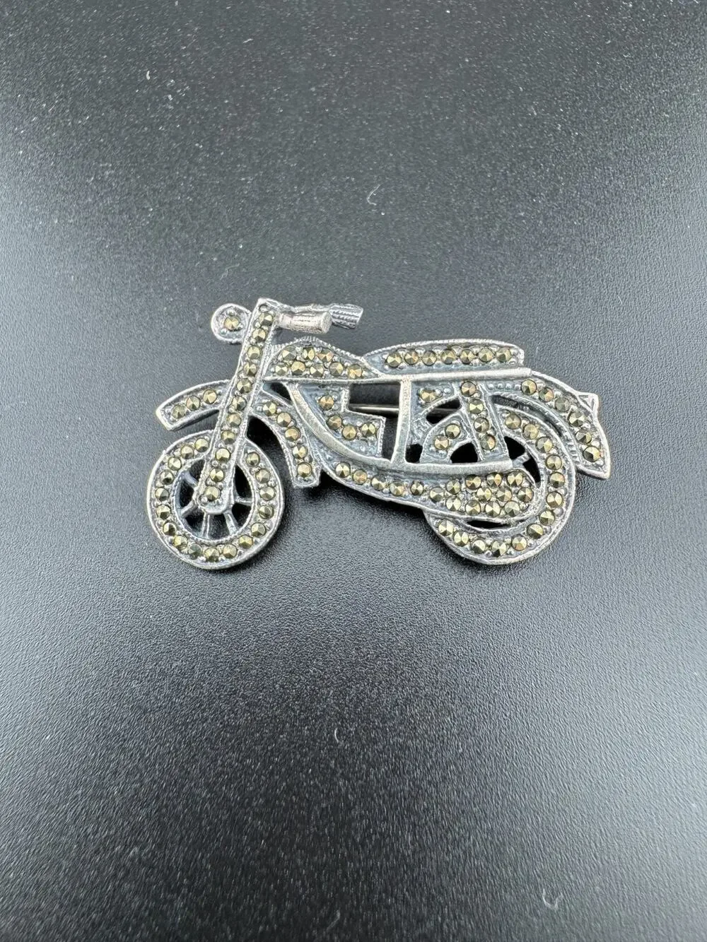 Sterling Silver 925 Marcasite Motorcycle Brooch Pin
